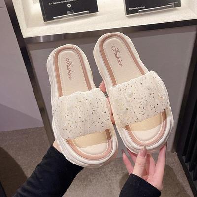 Neue Sommer Feenstil Damen Schuhe Süß und Vielseitig Tragbar Dicke Sohle Spitze Perle Coole Pantoletten