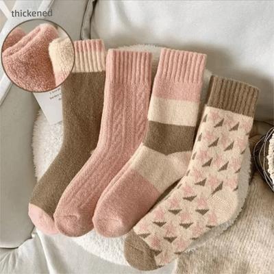 Trendy Thickened Women's Socks Cold Proof Pink Color Thermal Long Socks Comfortable Warm Socks Autumn Winter
