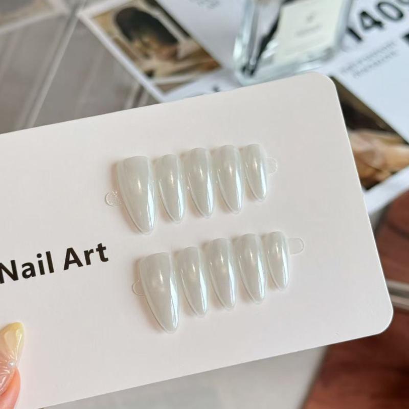 10Pcs White Pearl Press On Nails - Shiny Cat Eye Fake Nails for Women XS