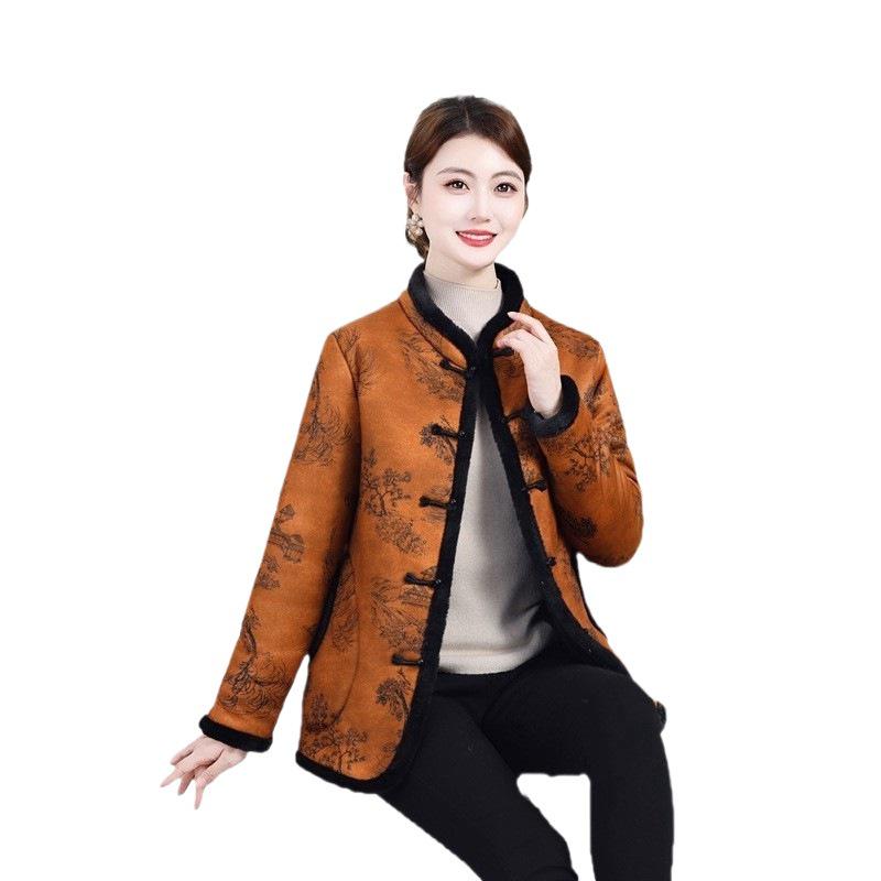 New Women's Velvet Cotton Jacket - Mid-Aged Winter Outerwear with Frog Buttons, Padded and Thickened for Warmth, Chinese Style