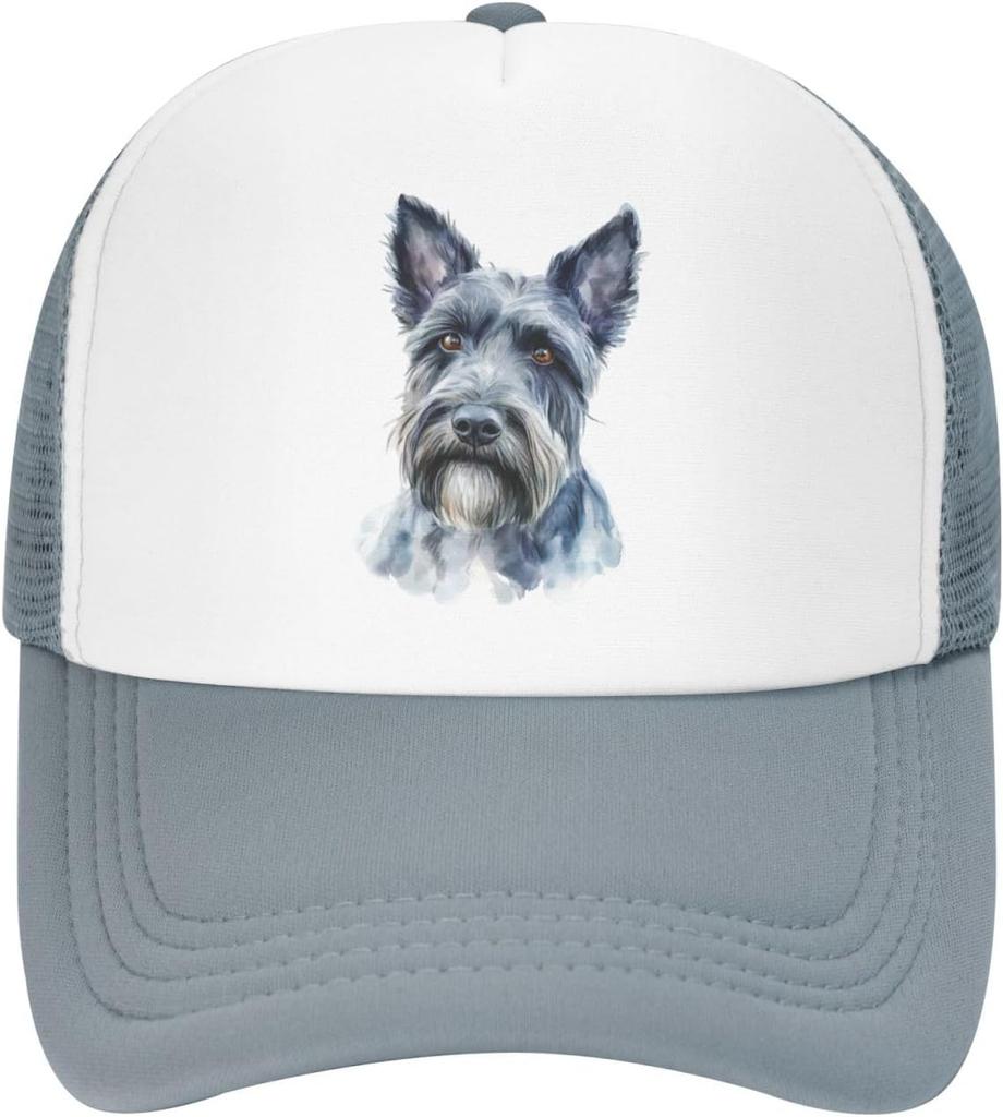 Scottish Terrier Portrait Trucker Hat Watercolor Dog Breed Mesh Baseball Cap Adjustable Outdoor Headwear