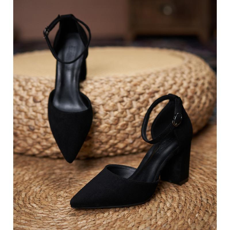 31-44 Women Pumps Fashion Black High Heels Shoes Flock Pointed Sandals Summer New Party Thick Heel Shoes Ladies Wedding Shoes