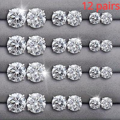 Conjunto de brincos de zircônia de cristal de seis garras com diamante branco, 12 pares de brincos de cartão de combinação da moda
