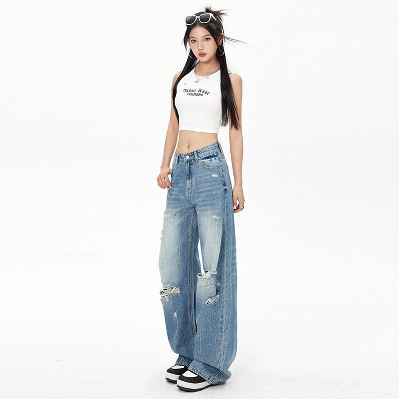 American Ripped Jeans Women's Spring and Summer Retro Destruction Loose Washed Straight Wide-leg Pants Mopping Long Pants