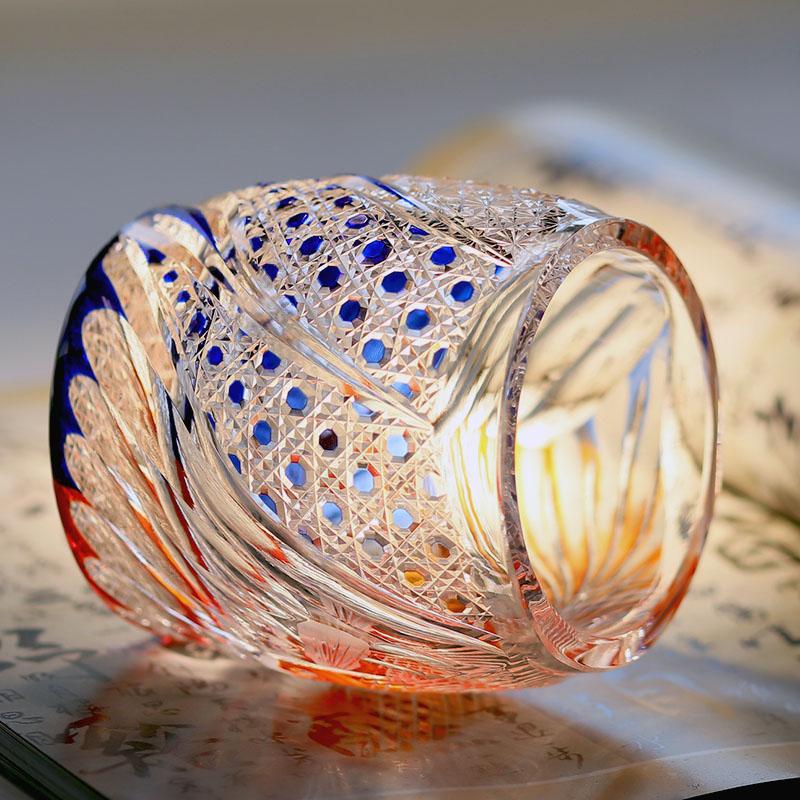 Goldfish Edo Kiriko Whiskey Glass 270Ml, Hand Engraved Color Overlay Crystal Tumbler For Whisky Vodka