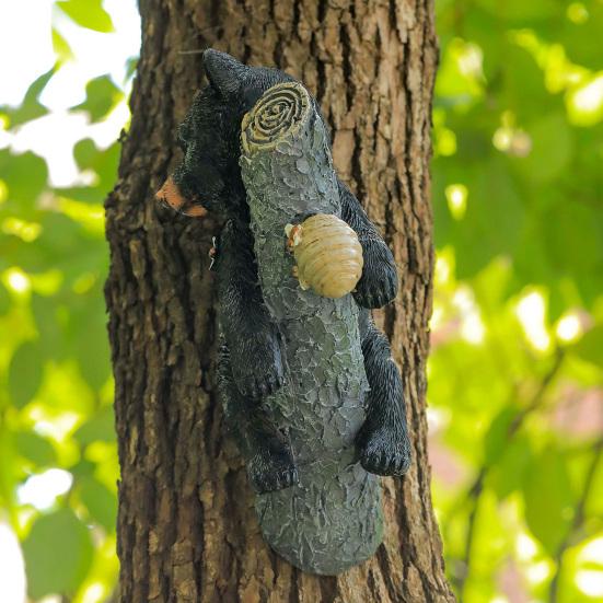 Cute Black Bear Cub Garden Statue, Tree Branch Decor with Honeycomb & Bee Accents for Outdoor Yard, Fence or Indoor Wall Decoration