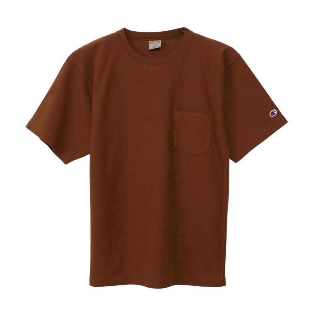 Champion Short Sleeve Cotton USA Reverse Short Sleeve Pocket Brown Men's T-Shirt, Brown, 9.4oz 100% Weave® T-Shirt, (C3-B305)