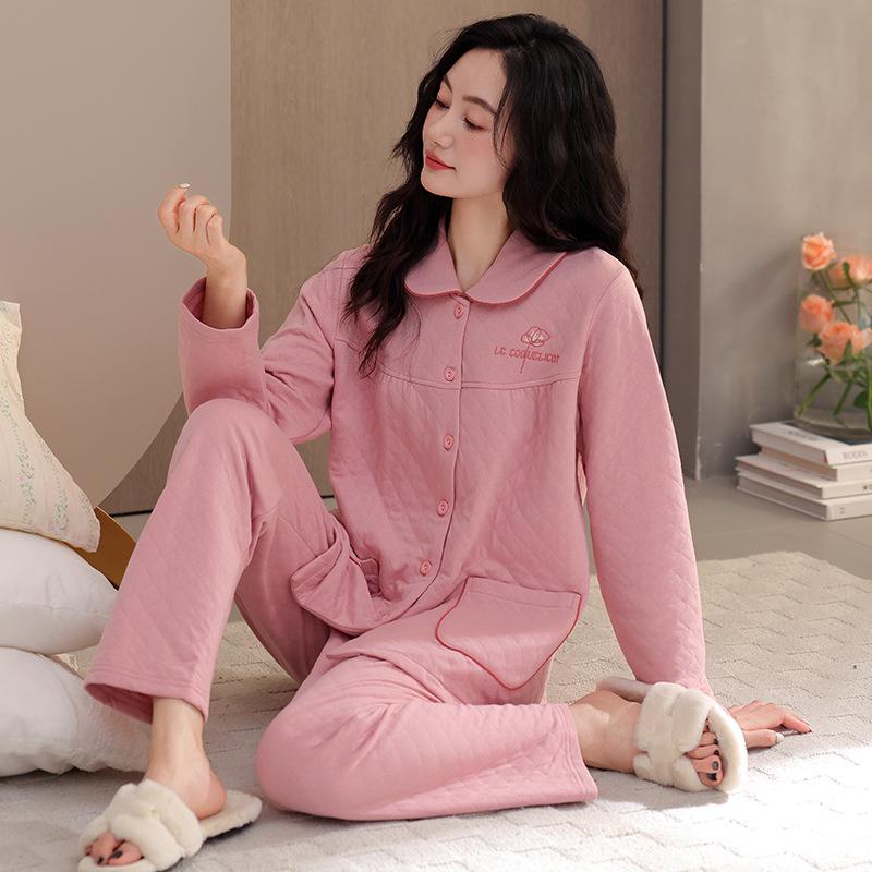 Air Cotton Pajamas Women's Autumn and Winter Pure Cotton Interlayer Long-sleeved Women's Spring and Autumn Pink Loungewear Winter Suit