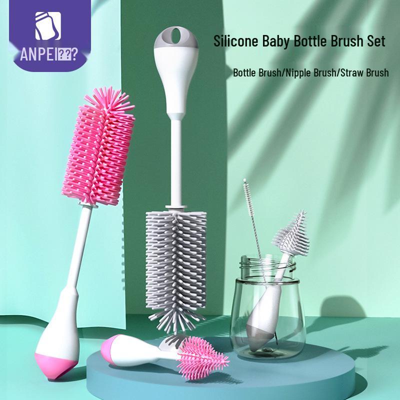 Anpei 360° Rotating Silicone Bottle & Nipple Cleaning Brush Set Pink