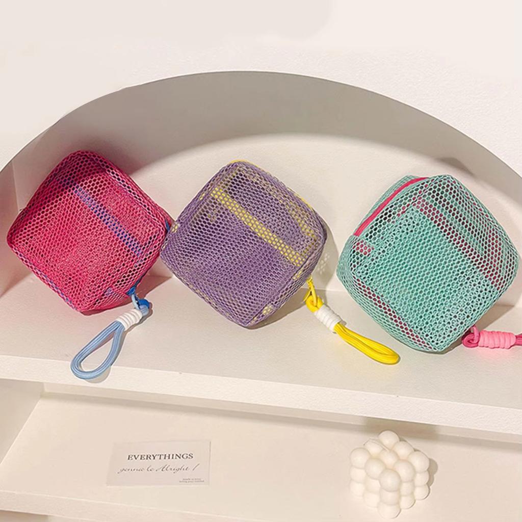 1pcs Square Mesh Cosmetic Bag Portable Dopamine Color With Zipper Multi-Purpose Mesh Toiletry Sundries Storage Key Cosmetics Bag