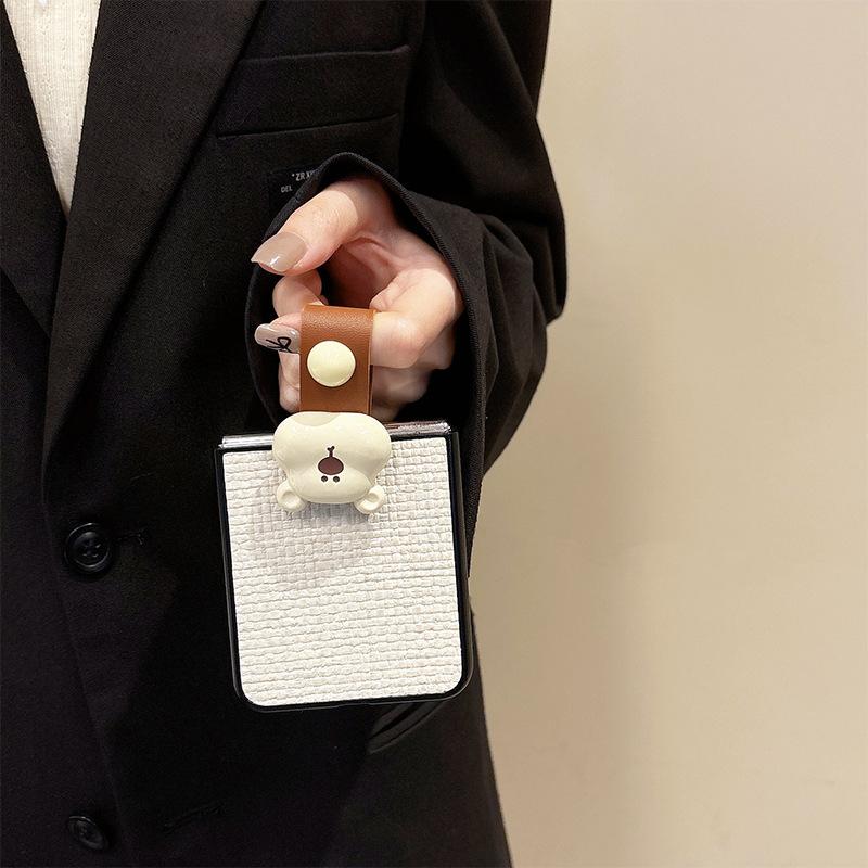 Bear Ring Buckle Mobile Phone Case for Samsung Zflip6 Folding Screen Flip Zflod Leather Case Pocket2 Light Luxury