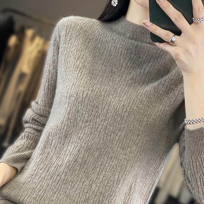 Women's 100% Pure Wool Half-High Collar Sweater - Loose Fit, Solid Color, Versatile Knitwear for Fall/Winter 2024.