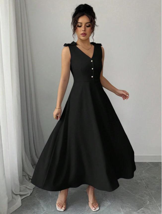 2025 Spring/Summer Blue Sleeveless Midi Dress with Bow and Button Waist