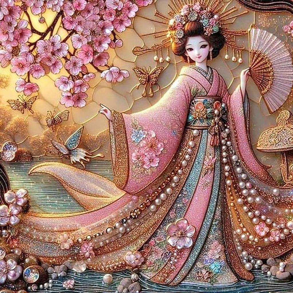 Japanese Geisha Beauty Full DIY 5D Round Drill Diamond Art Kits 40x40cm for Adults/Beginners Gift Idea Home Wall Decor