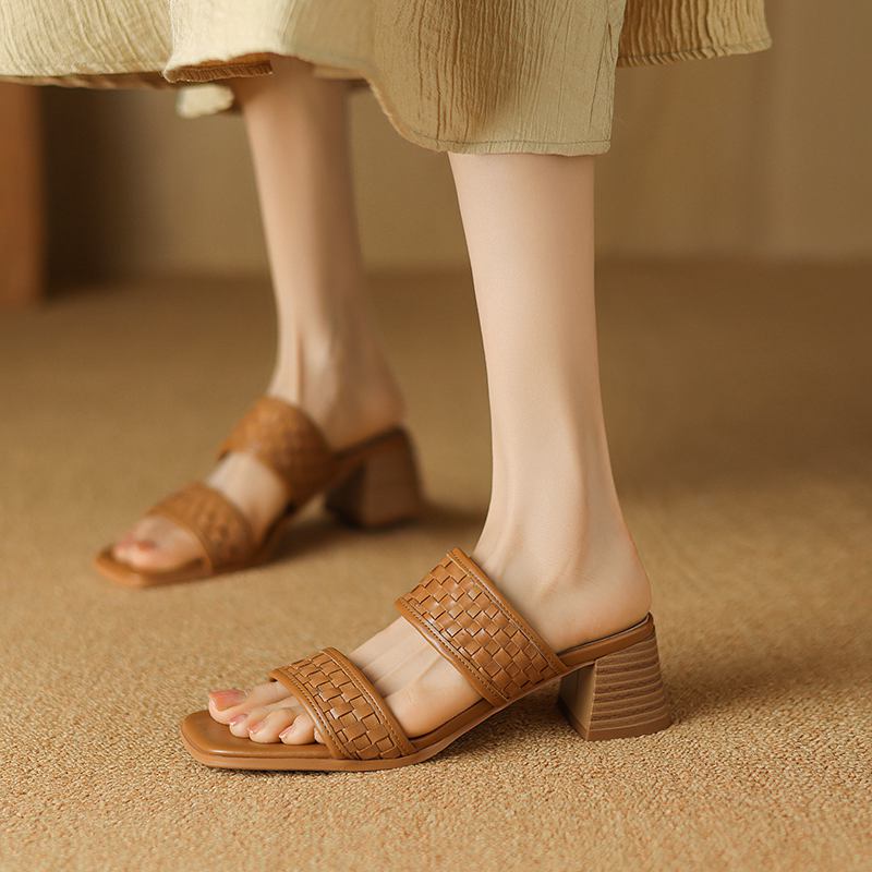 Krazing Pot Klapki z naturalnej skóry z odkrytymi palcami na średnim obcasie, buty letnie, dekoracja pleciona w stylu rzymskim, sandały damskie