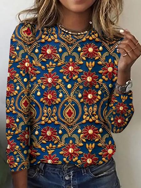 Round Neck 3D Flower Printed Top Fashionable Casual Long Sleeved Women's T-shirts