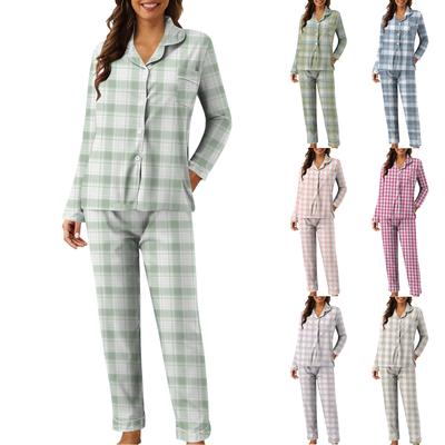 Women's Casual Fashion Plaid Patchwork Print Long-Sleeved Trousers Homewear Set