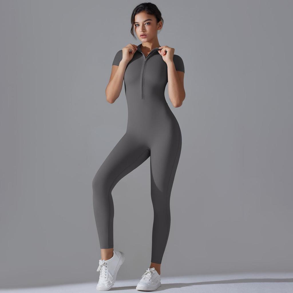 Solid Color Zipper High-Stretch Bodysuit with Short Sleeves and Full-Length Nine-Point Pants for Fitness and Yoga.