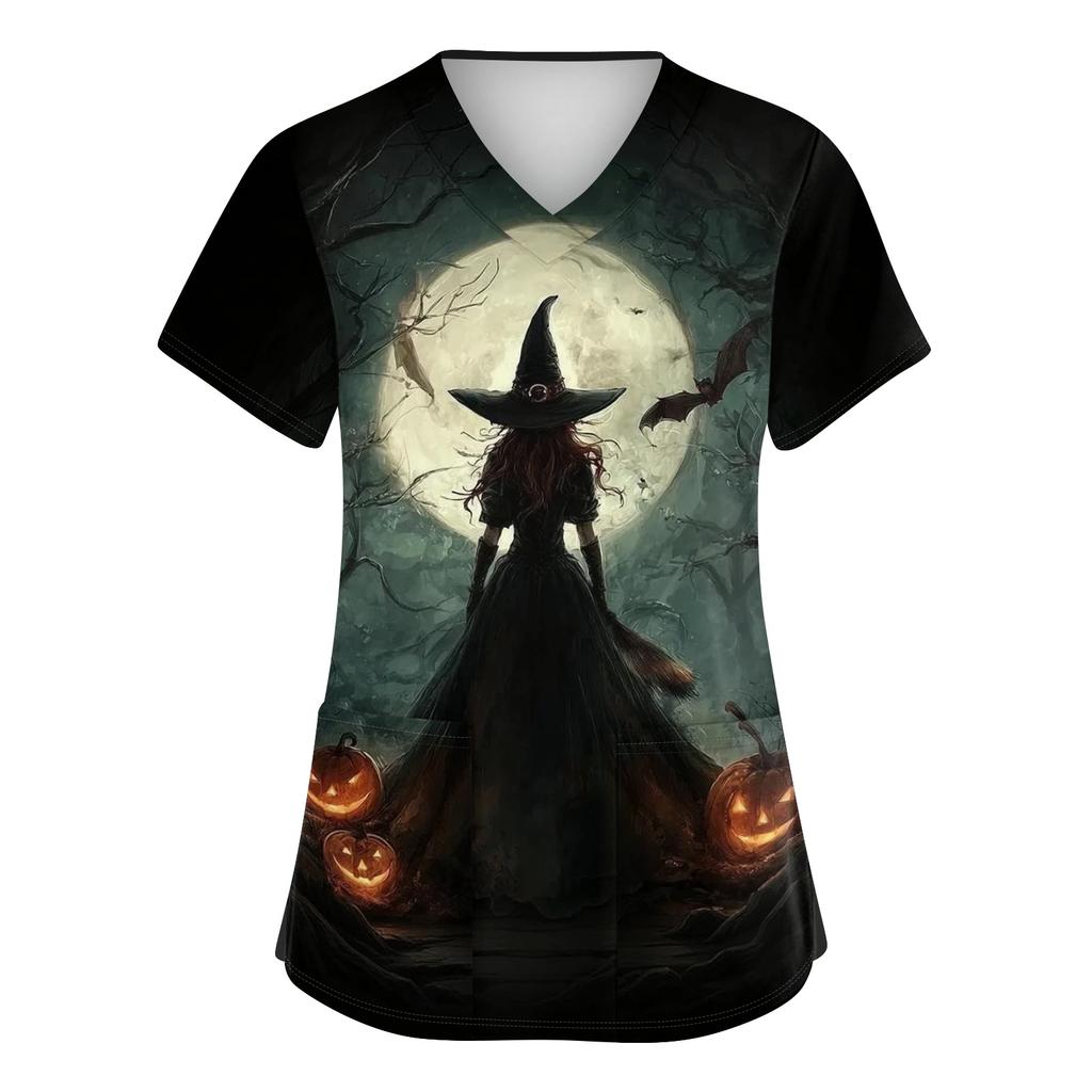 Women V Neck Short Sleeve Work Shirt Side Slit Top with Pockets Halloween Print Casual Blouse for Daily Wear