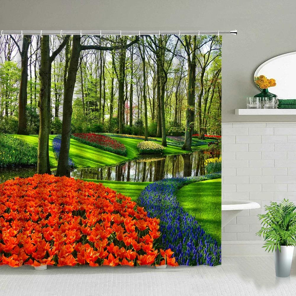 Ocean Scenery Shower Curtains Ldyllic Building Flower Plant Spring Landscape Bathroom Curtain Waterproof Fabric Bathtub Screen