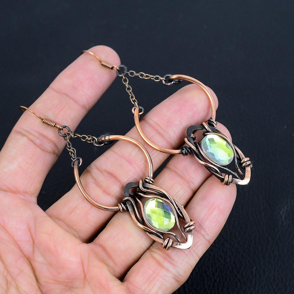 Mystic Topaz 999 Copper Wire Wrapped Earrings, Handmade Gemstone Jewelry Earrings, For Memorial Day
