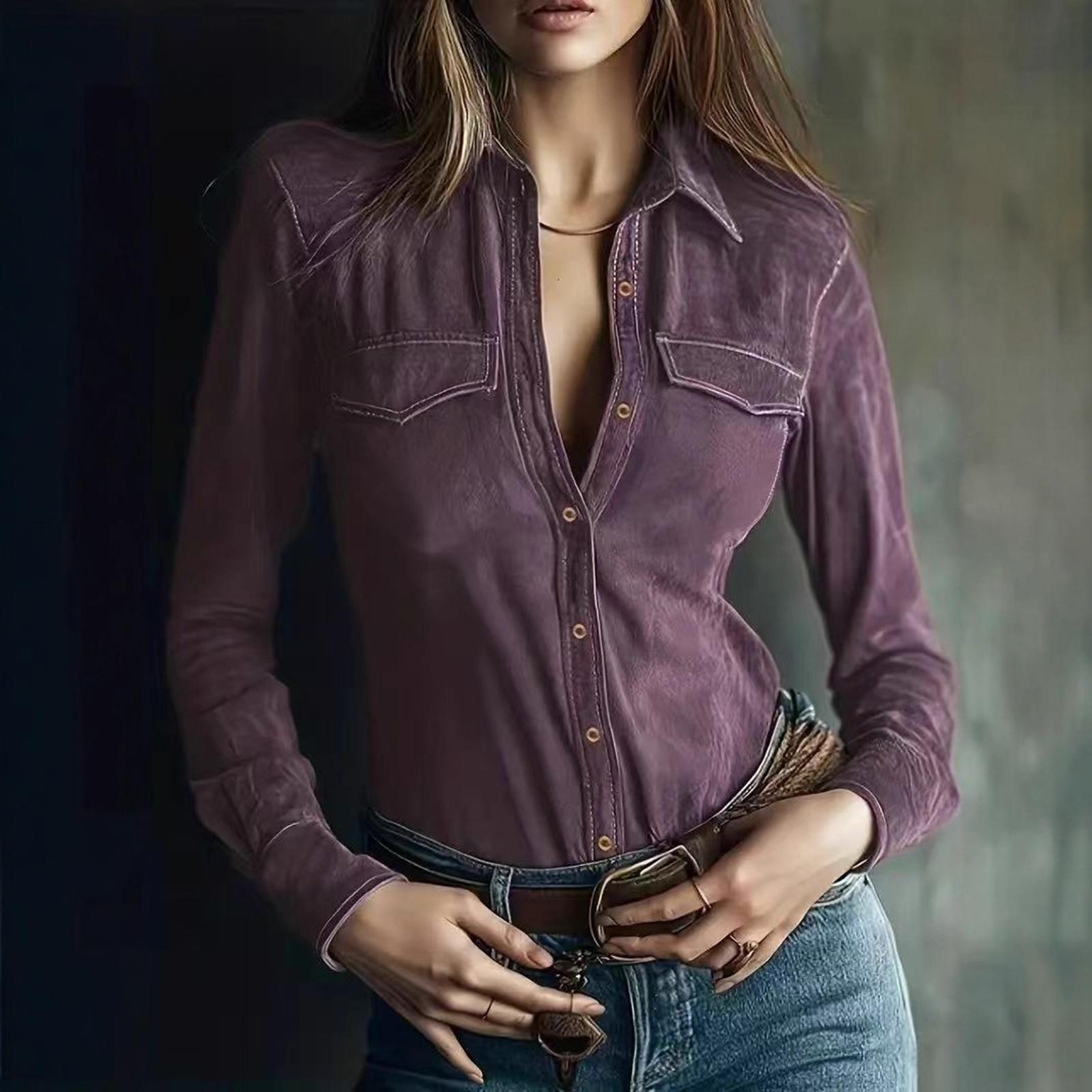 

Women s Fashionable Color Lapel Long Sleeved Button Up Shirt Top M фіолетовий