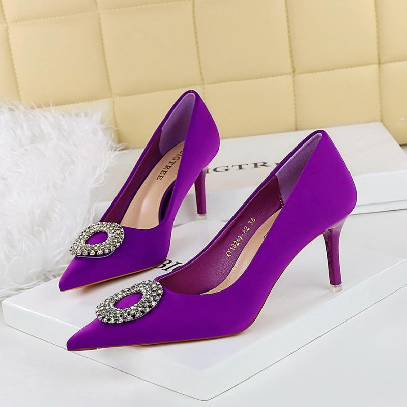 European American Fashionable Shallow Mouth High Heel Shoes Rhinestone Round Buckle Single Shoes Pointed Toe Thin Heel Shoes