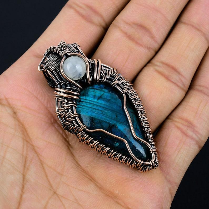 Blue Flash Labradorite Gemstone Pendant Copper Wire Wrapped Pendant Necklace Labradorite Pendant Jewelry Labradorite Jewelry Gift for Her