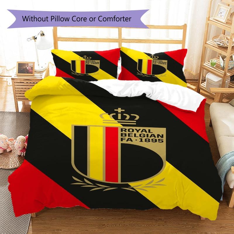 Royal Belgian FA Crest Red Yellow Black Diagonal Stripe Print 3Pcs Duvet Cover Set Belgium Football Bedding Bedroom Decor No Pillow Core Comforter