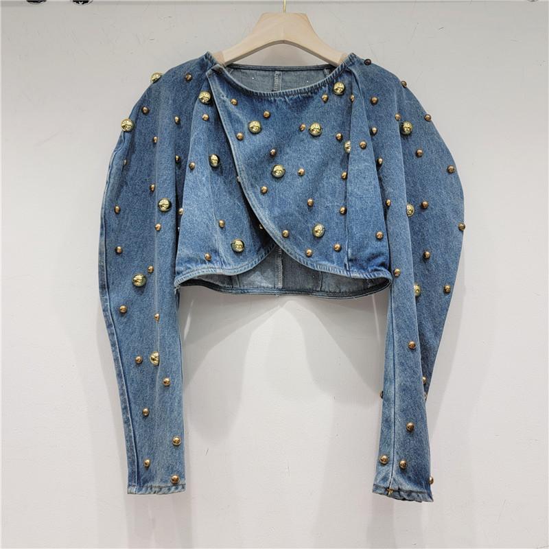 European station tide brand autumn new design sense heavy industry fashion rivet bubble sleeve short denim top women M синий