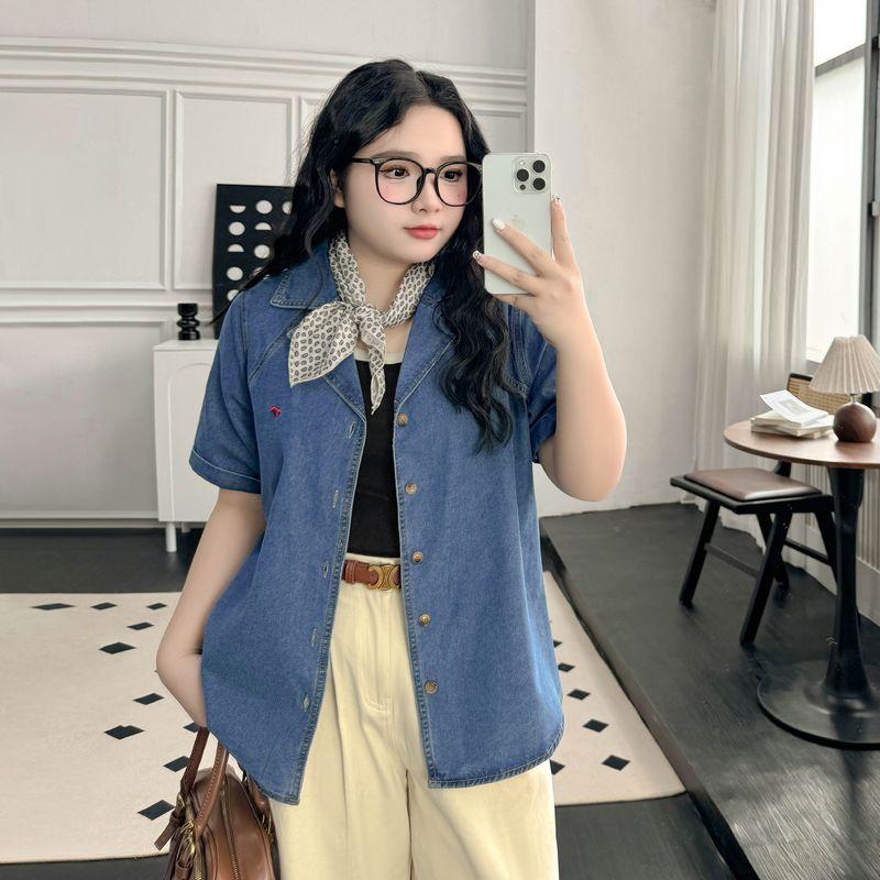 

Plus size women clothing [Treasure Demin shirt] Retro Embroidery Design Sense Summer 100.00kg Short sleeve Shirt Outerwear Blue 6XL