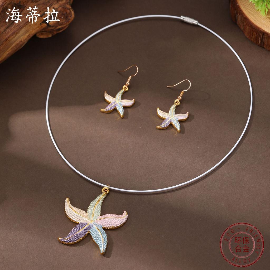 New Enamel Color Starfish Earrings Pendant Set Women's Simple Small Clear Beach Starfish Neck Necklace
