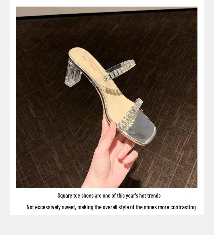 

Лето 2025 Корейские сказочные сандалии с квадратным носком, ремешком со стразами и прозрачным массивным каблуком для женщин 39 серебряный