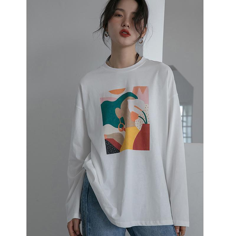 Hirsionsan Vintage Printed Long Sleeve T-shirt Women Loose 100% Cotton O-neck Tees Female Chic Aesthetic Graphic Pullover 2023