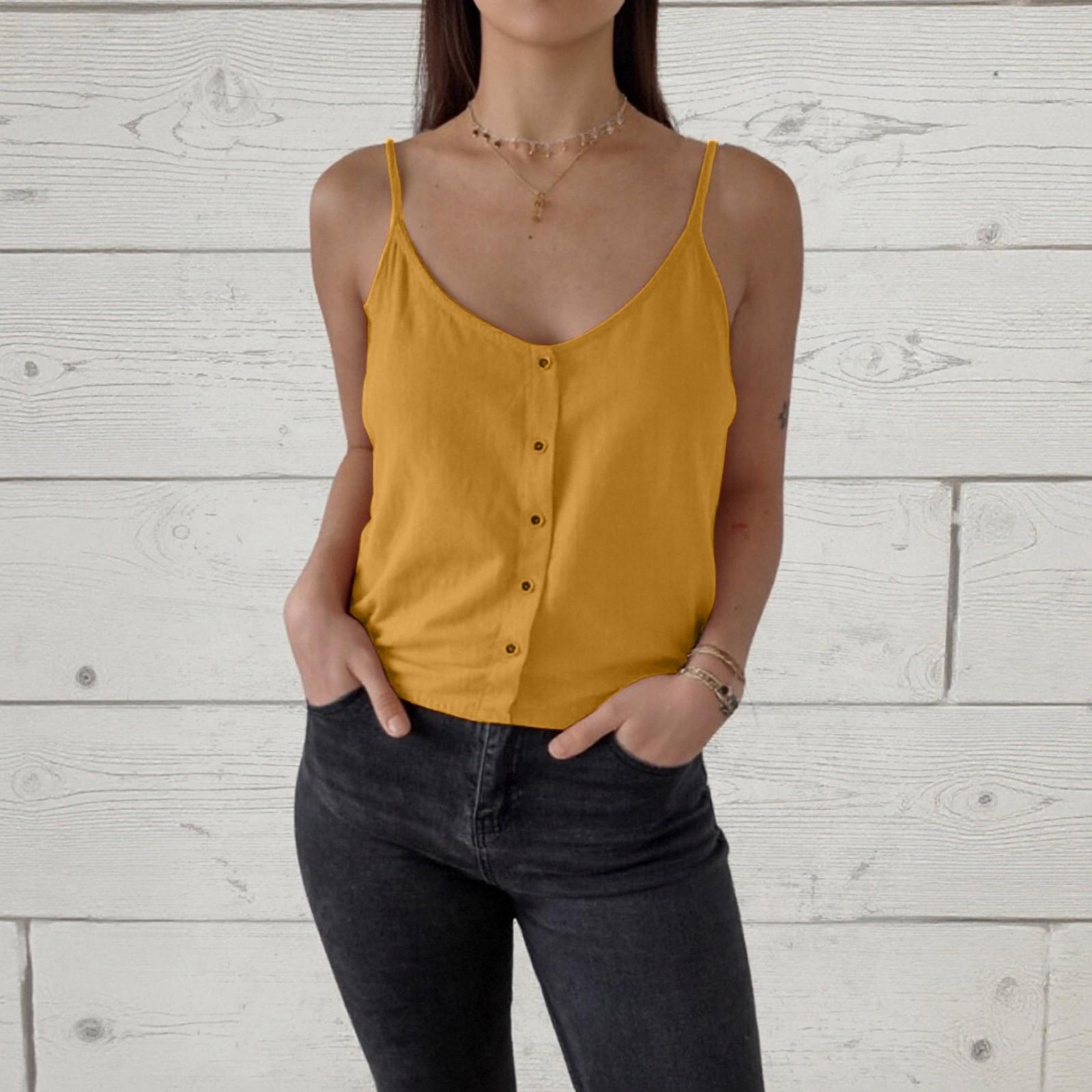 

Женский U-образный топ-майка из хлопка и льна свободного кроя на бретелях с пуговицами M жёлтый