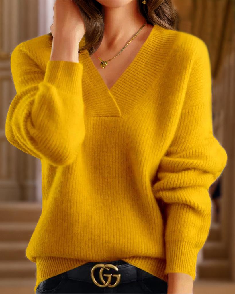2024 Autumn/Winter Women's V-Neck Solid Color Knit Top: Multicolor Pullover Sweater