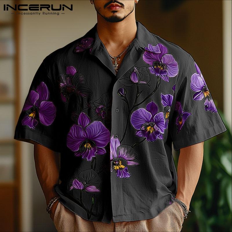 INCERUN Oversized Men Lapel Neck Short Sleeve Floral Print Casual Shirts