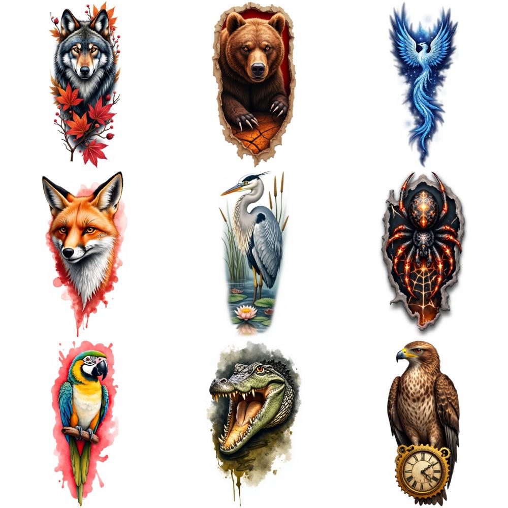 9pcs Temporary Tattoo Crocodile Tattoo Waterproof Long-lasting Body Stickers Bear Tattoo Spider Tattoo Colorful Realism For