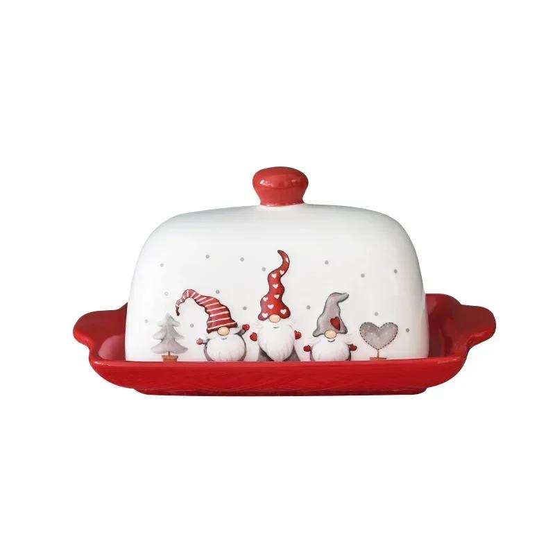 Christmas Elk Santa Claus Pattern  Butter Dish with Lid Nordic Style Sweets Cakes Desserts Cheese Plate Butter Container Dishes