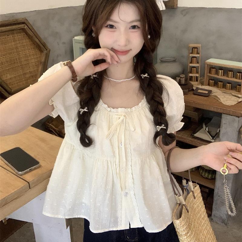 Koreansk Puffärmad Liten Dam Sommarblus - Kort Dockstil Fransk Topp