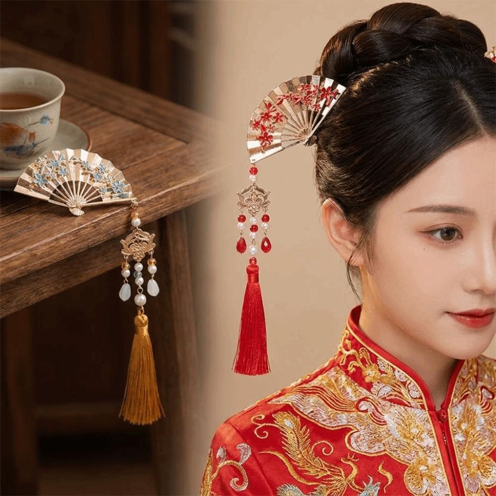Retro Pearl Fringe Hairpin Zinc Zinc Alloy Fan Shape Bride Tiara U Shape Hair Frok Hanfu Hair Accessories