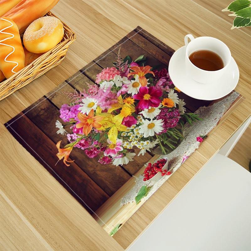 

Oil Painting Bouquet Print Linen Dining Table Mats Alphabet Kitchen Placemat 30X45cm Coasters Pads Bowl Cup Mat 2pcs 30x45cm