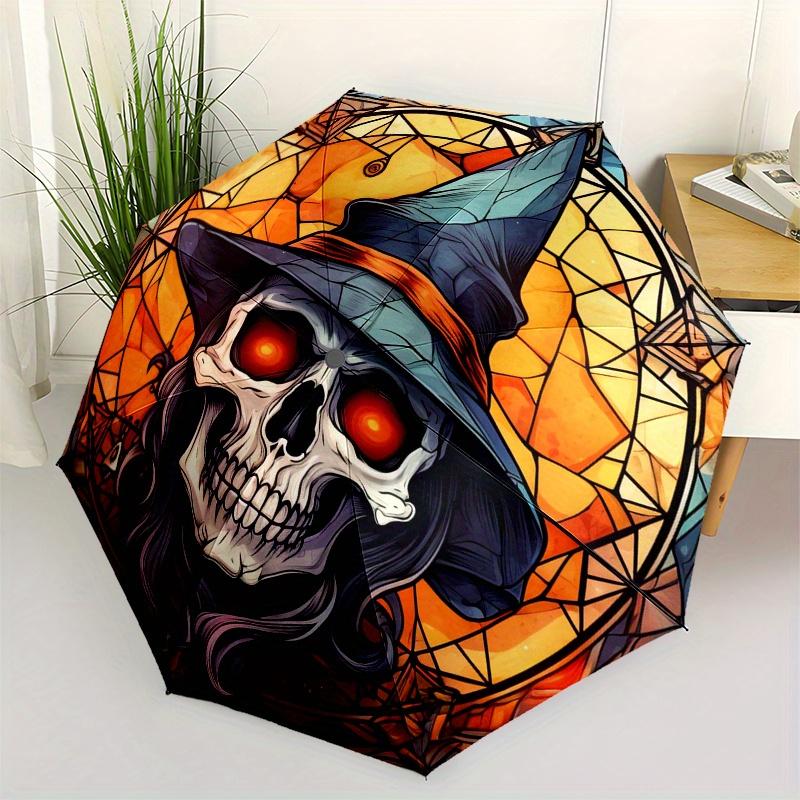 Halloween Witch Skull Stained Window DecalUmbrella, Portable 3-Fold Compact Umbrella,Christmas Gift ES459