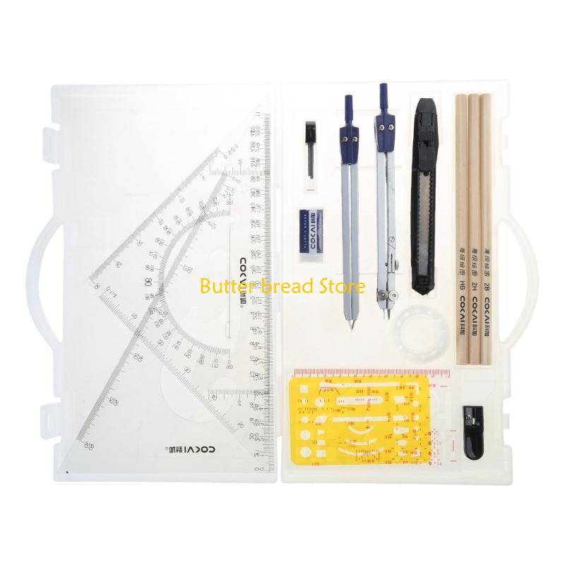 W89C Mathematik Geometrie Set-Sets 18-teiliges Schülermaterial Enthält Winkelmesser Radiergummi Winkelmesser Bleistift für Entwurf Zeichnung