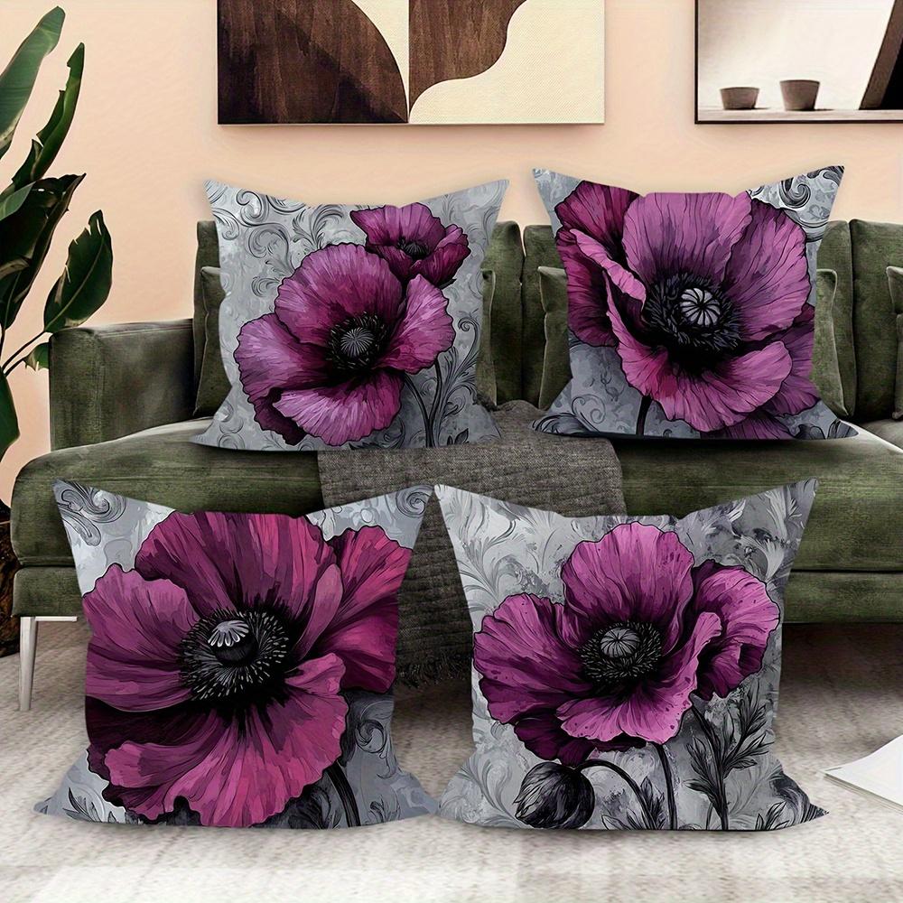 Gray and Purple Flowers Digital Printing Pillow Cover Short Plush Suitable Living Rooms Bedrooms Sofas Throw Cushion Cover 4pcs