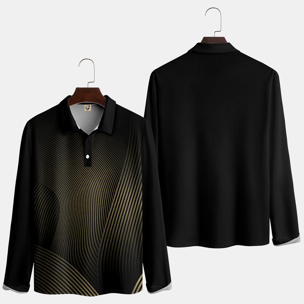 Herren-Revers-Langarm-bedrucktes Freizeit-Oberteil, lockeres Sport-Revers-Hemd