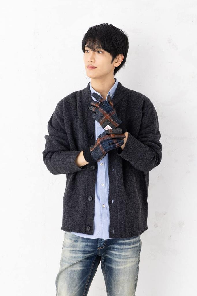 Sleeping Sheep Harris Tweed Leather Combination Smartphone with Orange CK Men's Gloves, Compatible, Fleece-Lined, 24cm, Case, (with Cuffs)