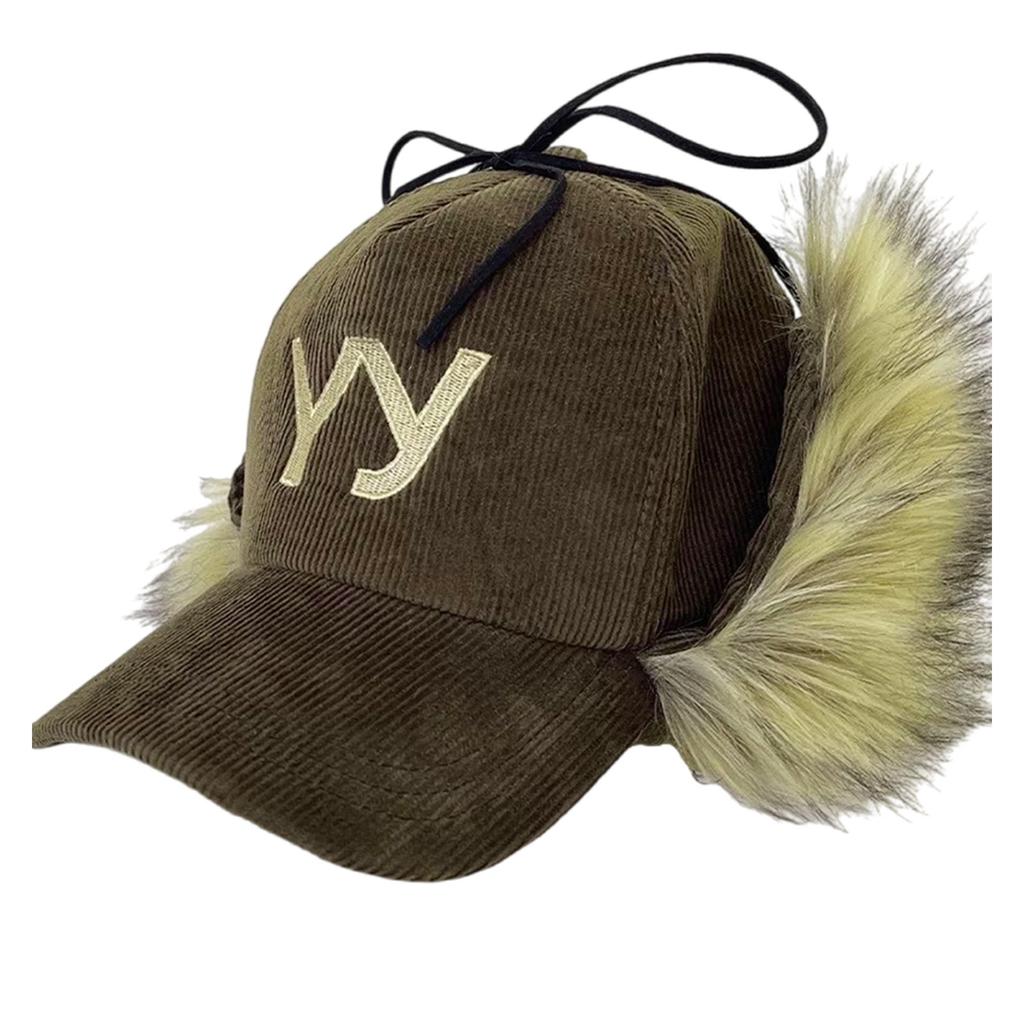 Baseball Cap for Girl Women Embroidery Letter Hat Windproof Corduroy Baseball Hat with Earflap Winter Warm Headwear