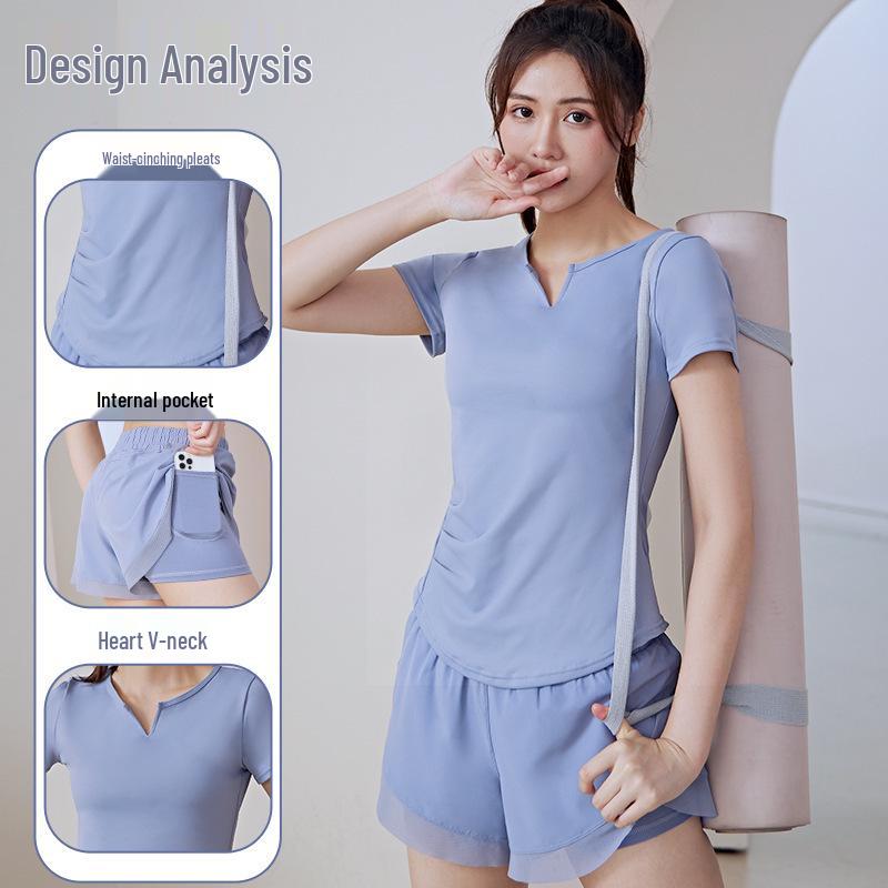 Quick-Dry Summer V-Neck Yoga Set: Short Sleeve Top & Mesh Shorts