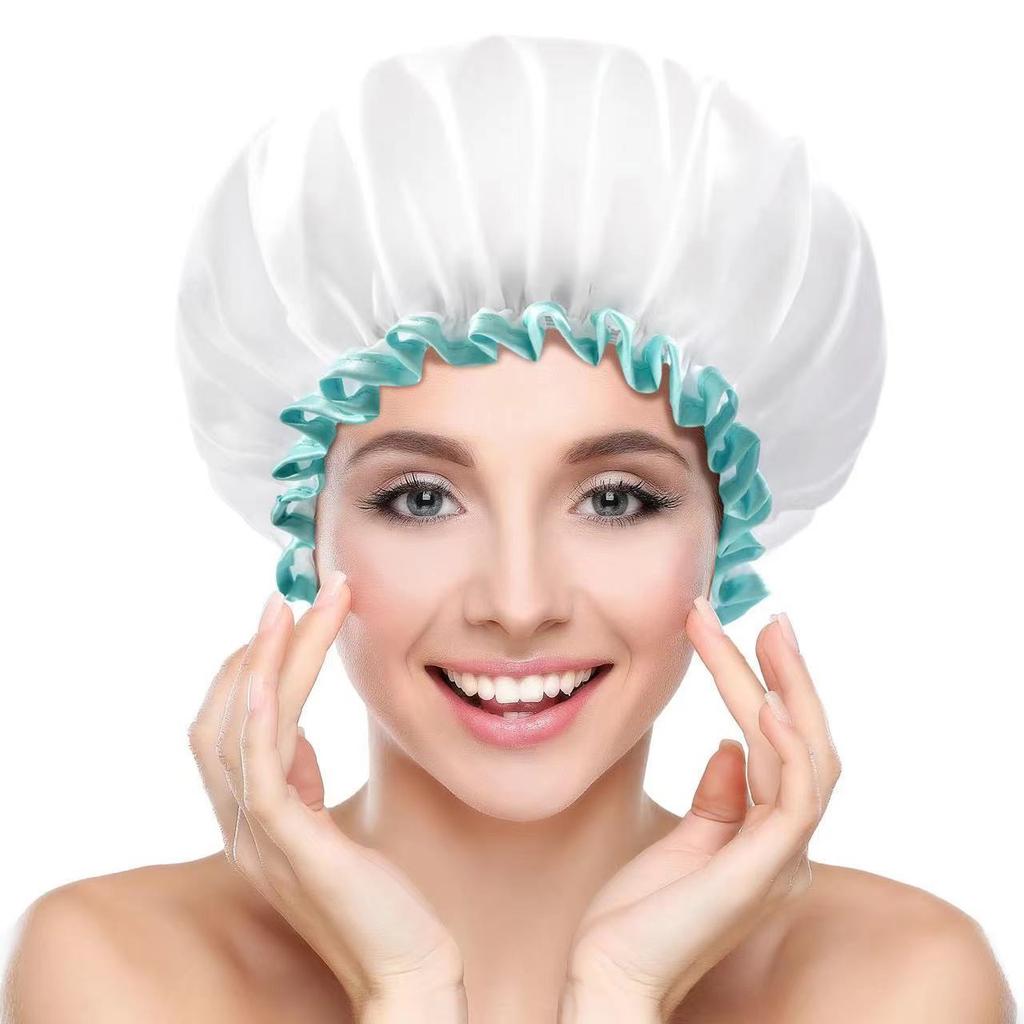 Large Female Shower Cap Solid Satin Double Layer Waterproof Bath Cap Peva Hair Baking Oil Cap Care Cap Shower Cap